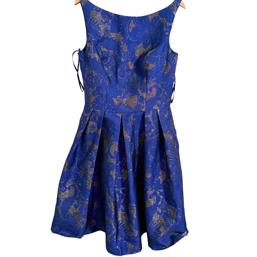 Allure Bridals Bridesmaids Navy Blue Brocade‎ Fit Flare Pleated Dress Size 14
